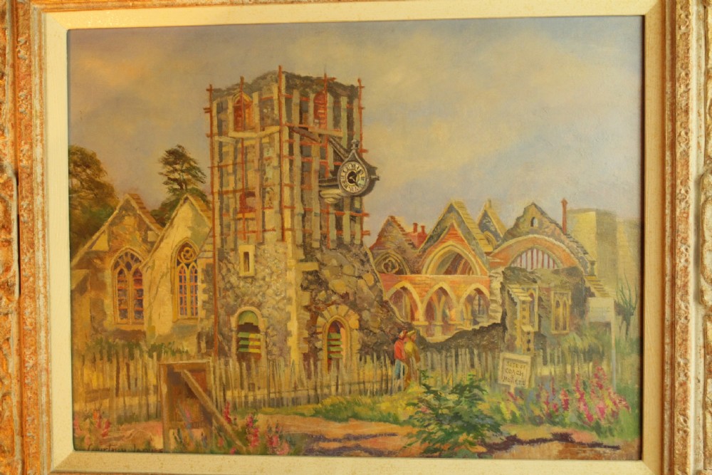 An architectural oil painting on board depicting Saint George Church in Canterbury, housed within a heavily ornate swept gilt frame. View V