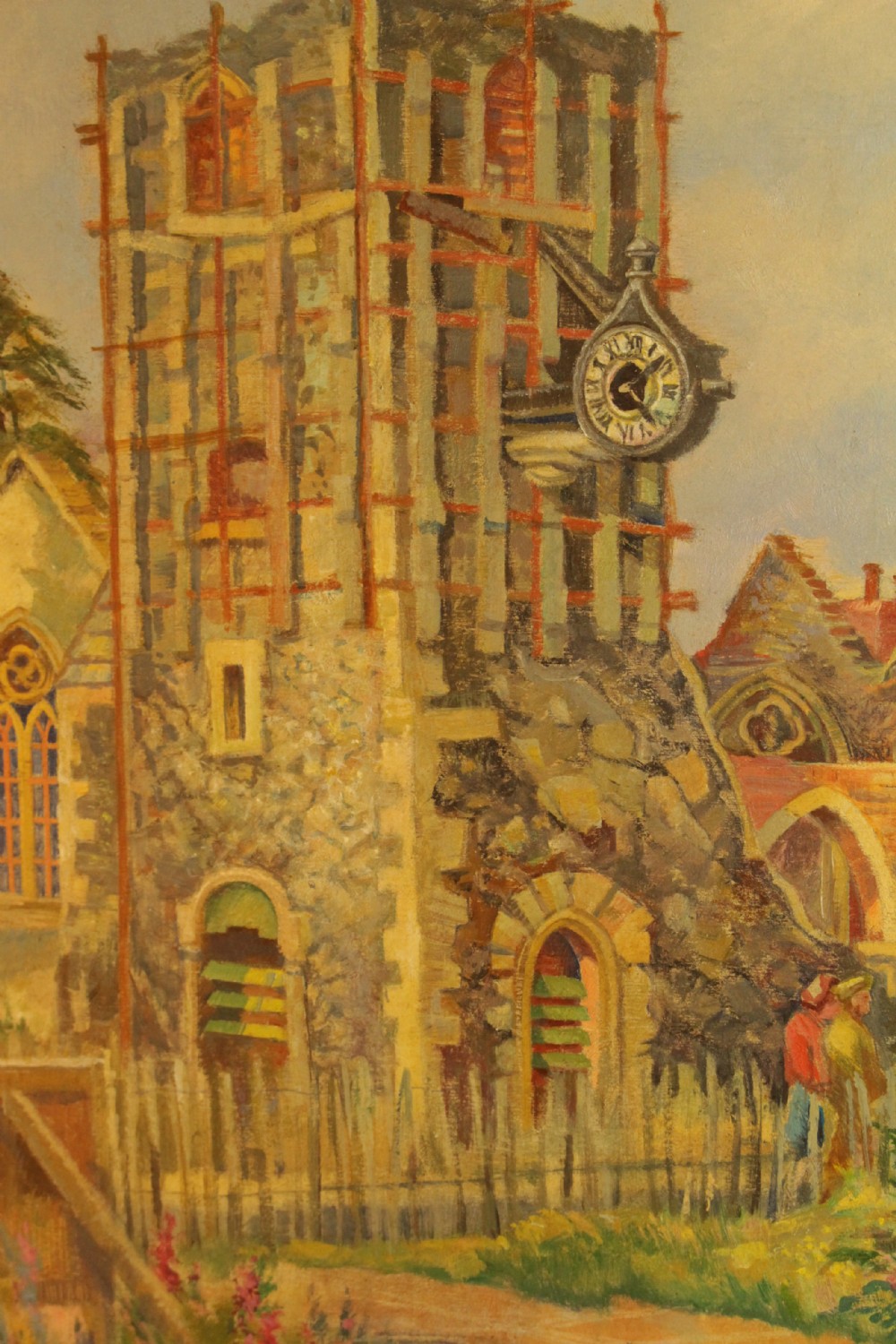 An architectural oil painting on board depicting Saint George Church in Canterbury, housed within a heavily ornate swept gilt frame. View VI