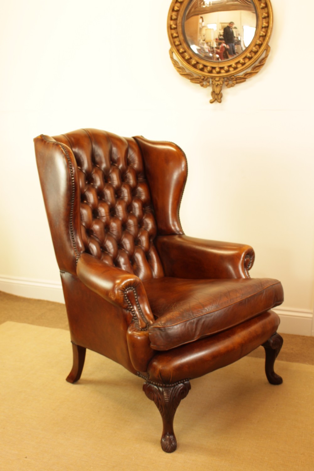 A Button Back Leather Wing Arm Chair  View VIII