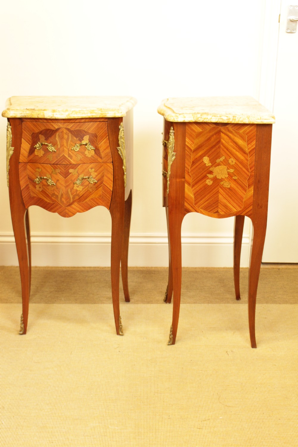 A Pair Of French Marquetry Marble Top Bedside Tables  View II