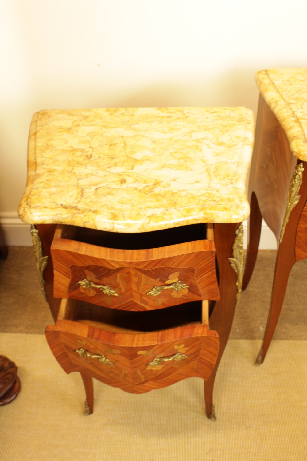 A Pair Of French Marquetry Marble Top Bedside Tables  View III