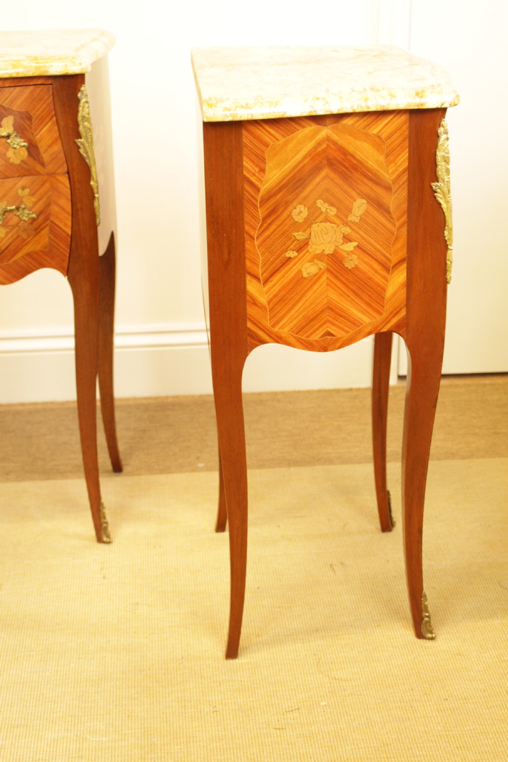 A Pair Of French Marquetry Marble Top Bedside Tables  View VII