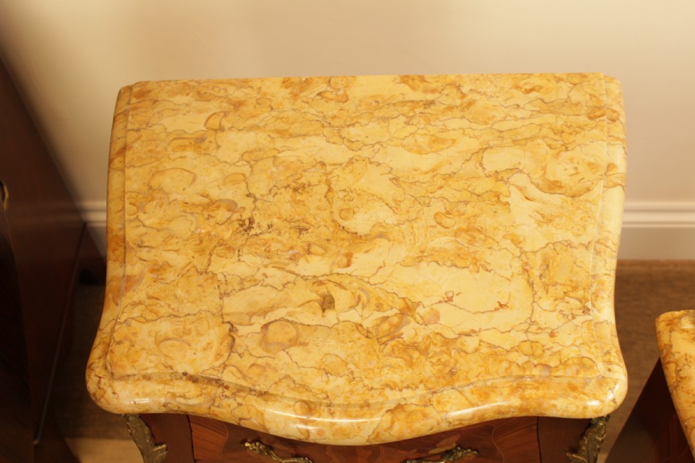 A Pair Of French Marquetry Marble Top Bedside Tables  View X