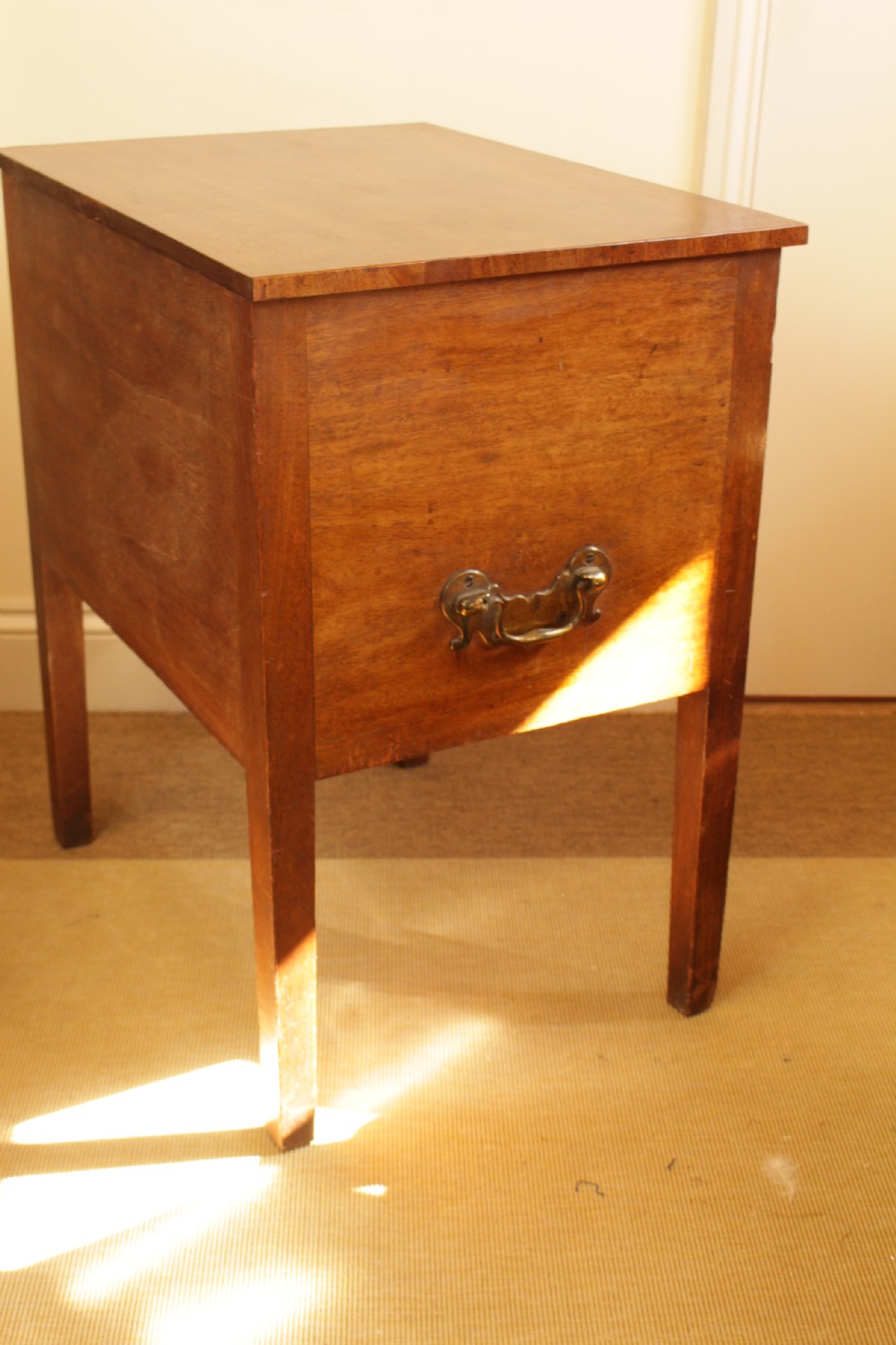 A Georgian mahogany cupboard featuring two panelled doors above a single drawer with brass swan-neck handles, supported on four straight square legs. View VII