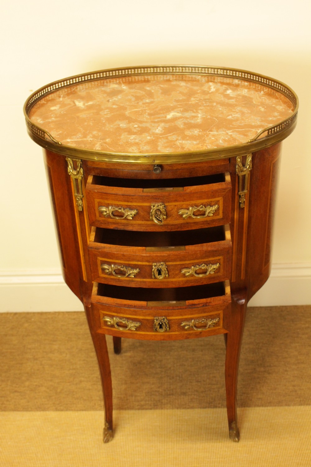 A French Walnut Oval Marble Top Three Drawer Side Table   View V