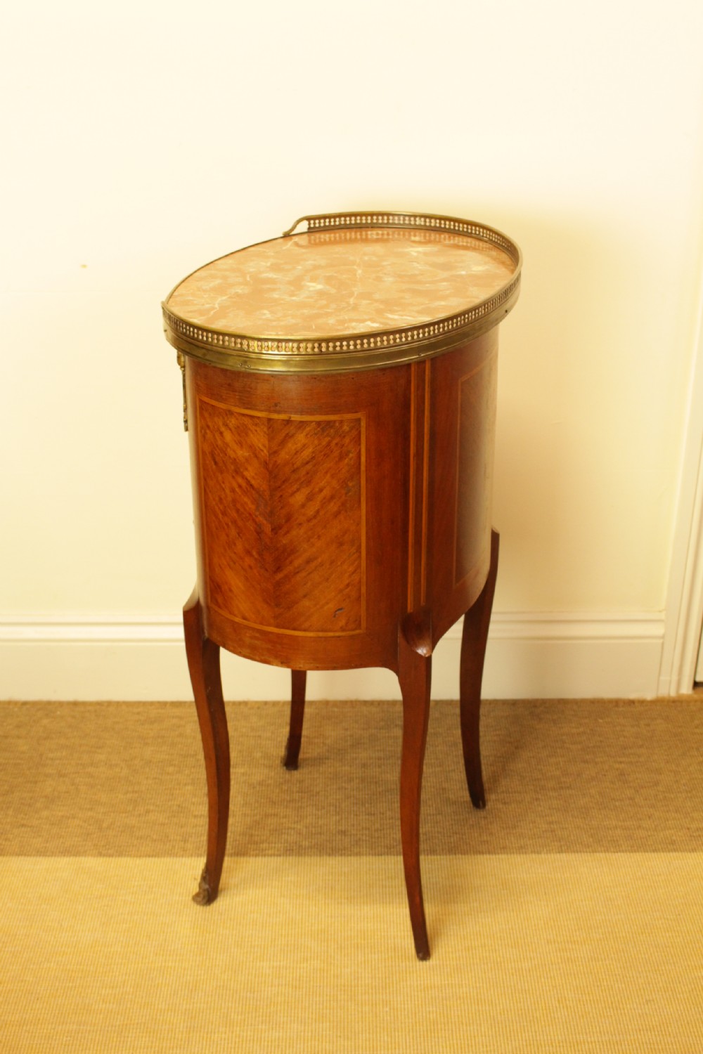 A French Walnut Oval Marble Top Three Drawer Side Table   View VI