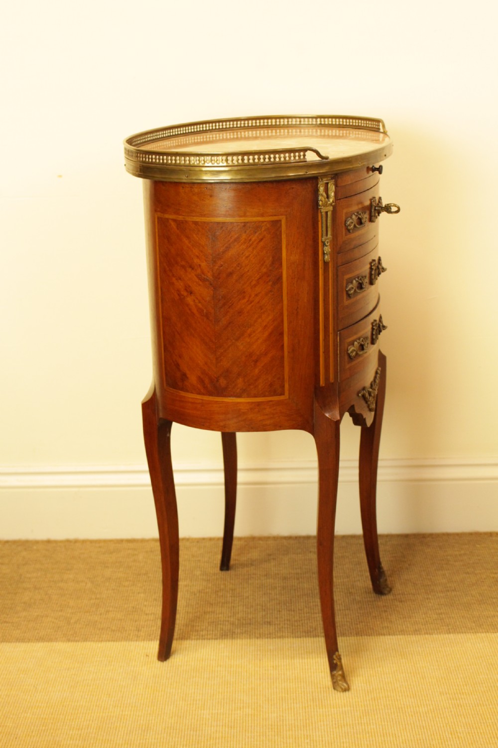 A French Walnut Oval Marble Top Three Drawer Side Table   View VII