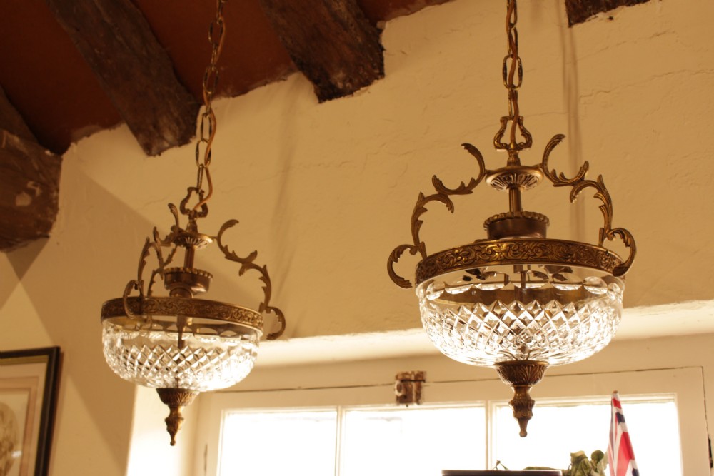 A Pair of Brass & Crystal Bowl Ceiling Lights