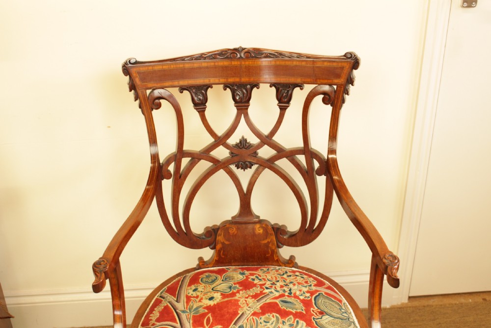 A Edwardain Mahogany Carved & Inlaid Open Arm Chair View II