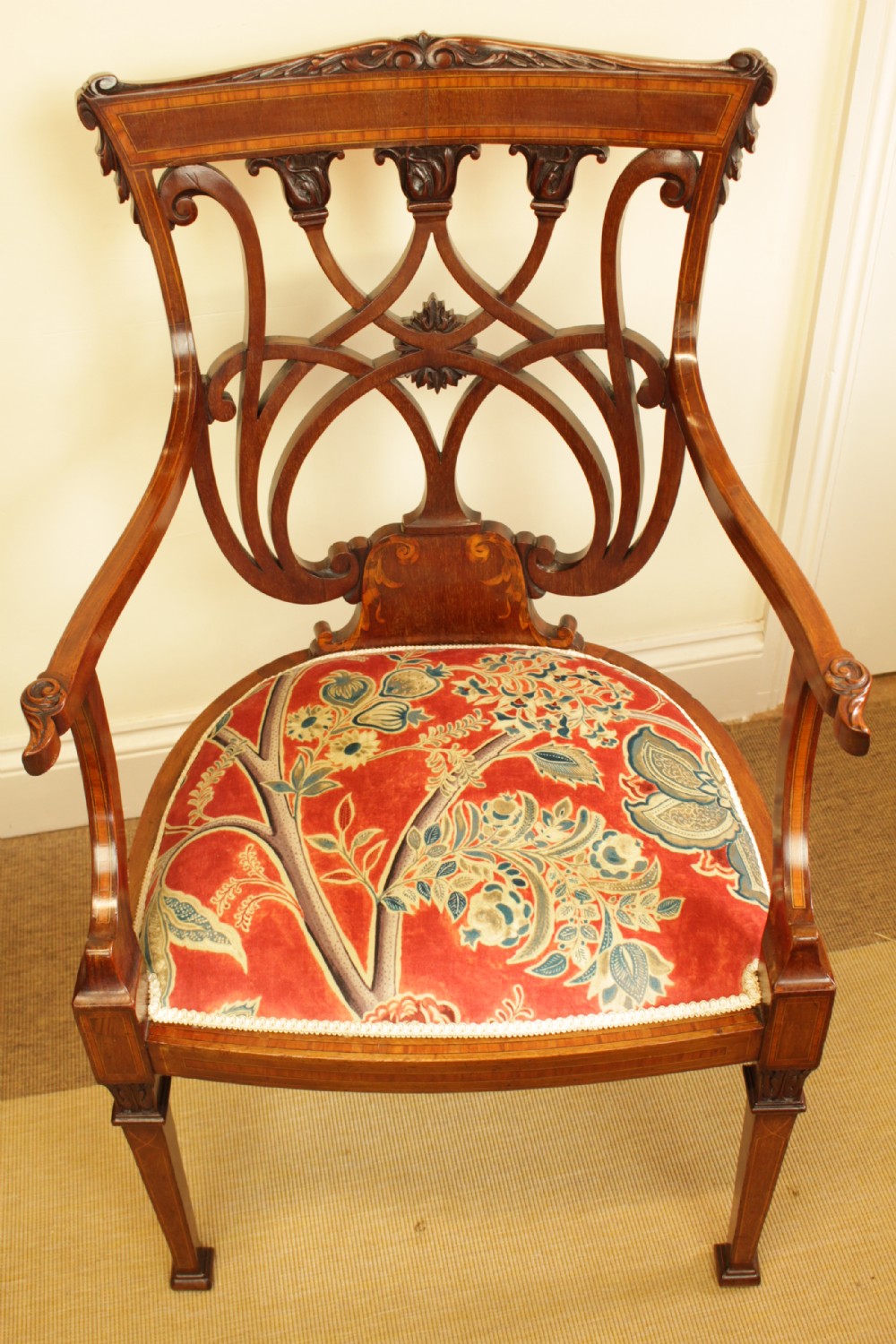 A Edwardain Mahogany Carved & Inlaid Open Arm Chair View VII
