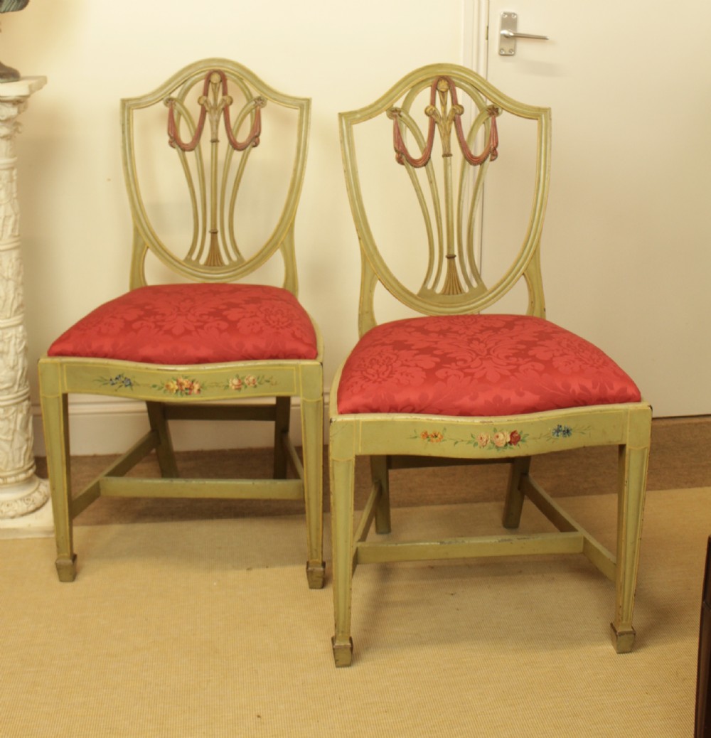 A Pair Of late 19th C. Mahogany Polychrome Painted Shield Back Chairs 
