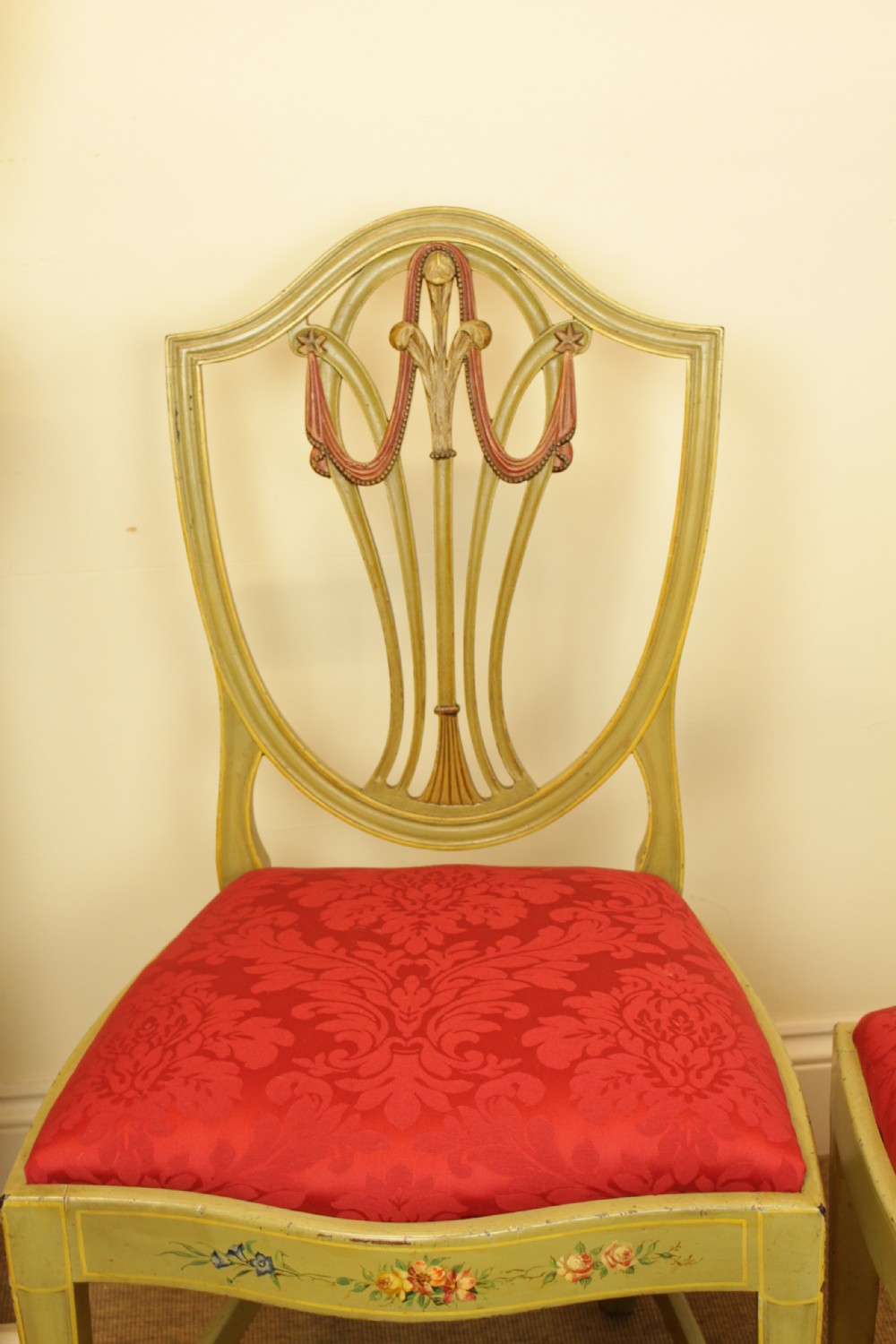A Pair Of late 19th C. Mahogany Polychrome Painted Shield Back Chairs  View VI