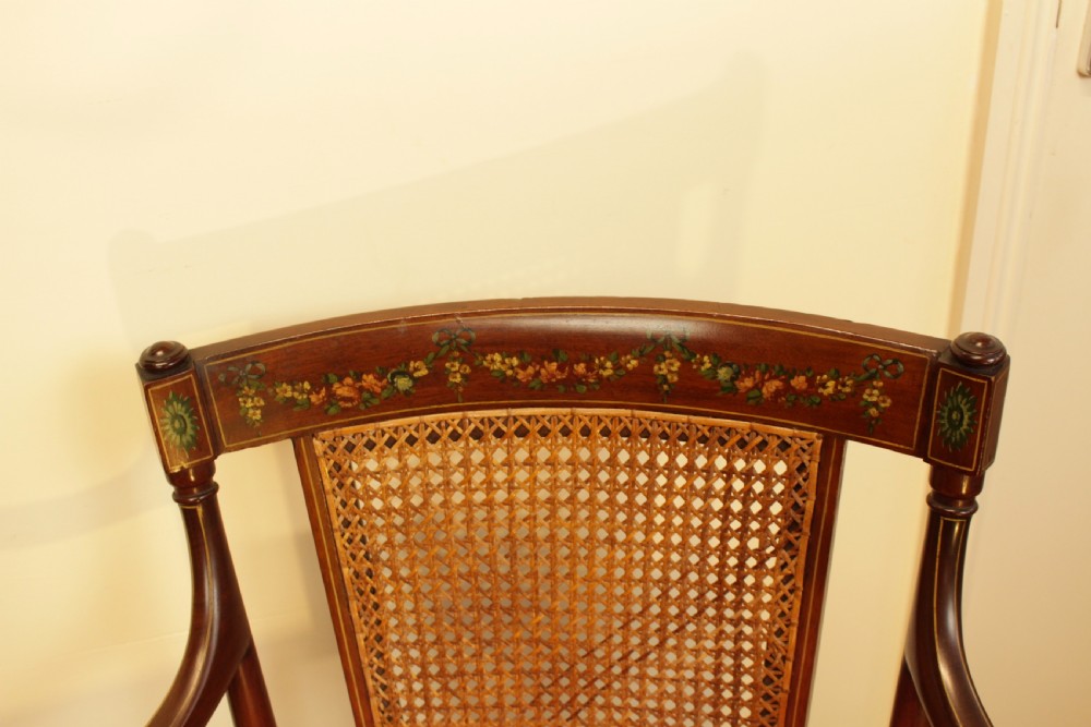 A Very Pretty Edwardian Mahogany Bergere Painted Open Arm Chair View VI