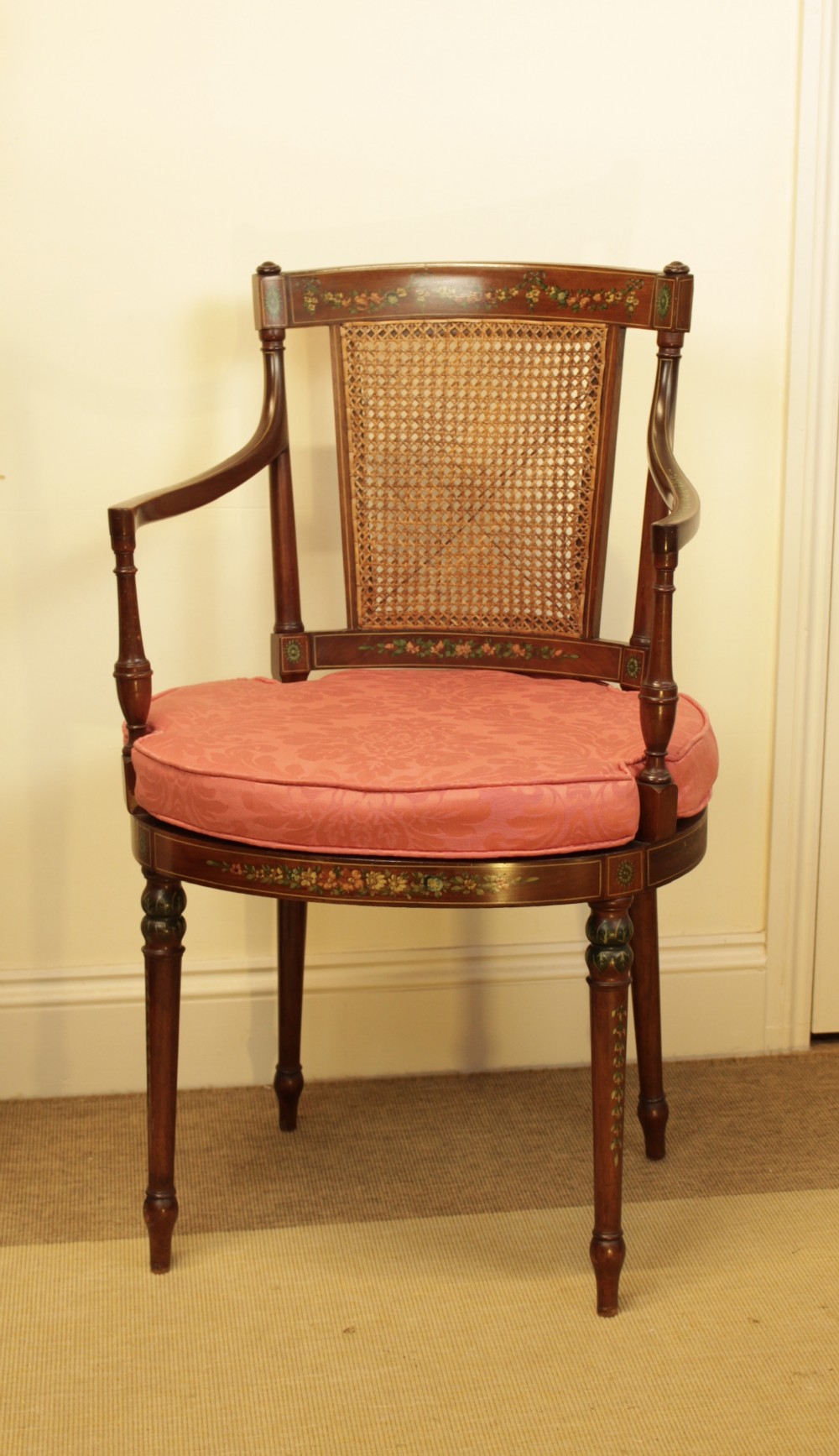 A Very Pretty Edwardian Mahogany Bergere Painted Open Arm Chair
