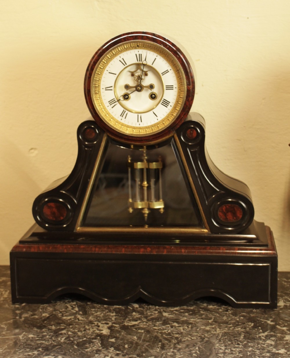  Antique French Clock; Marble & Polished Slate Mantle