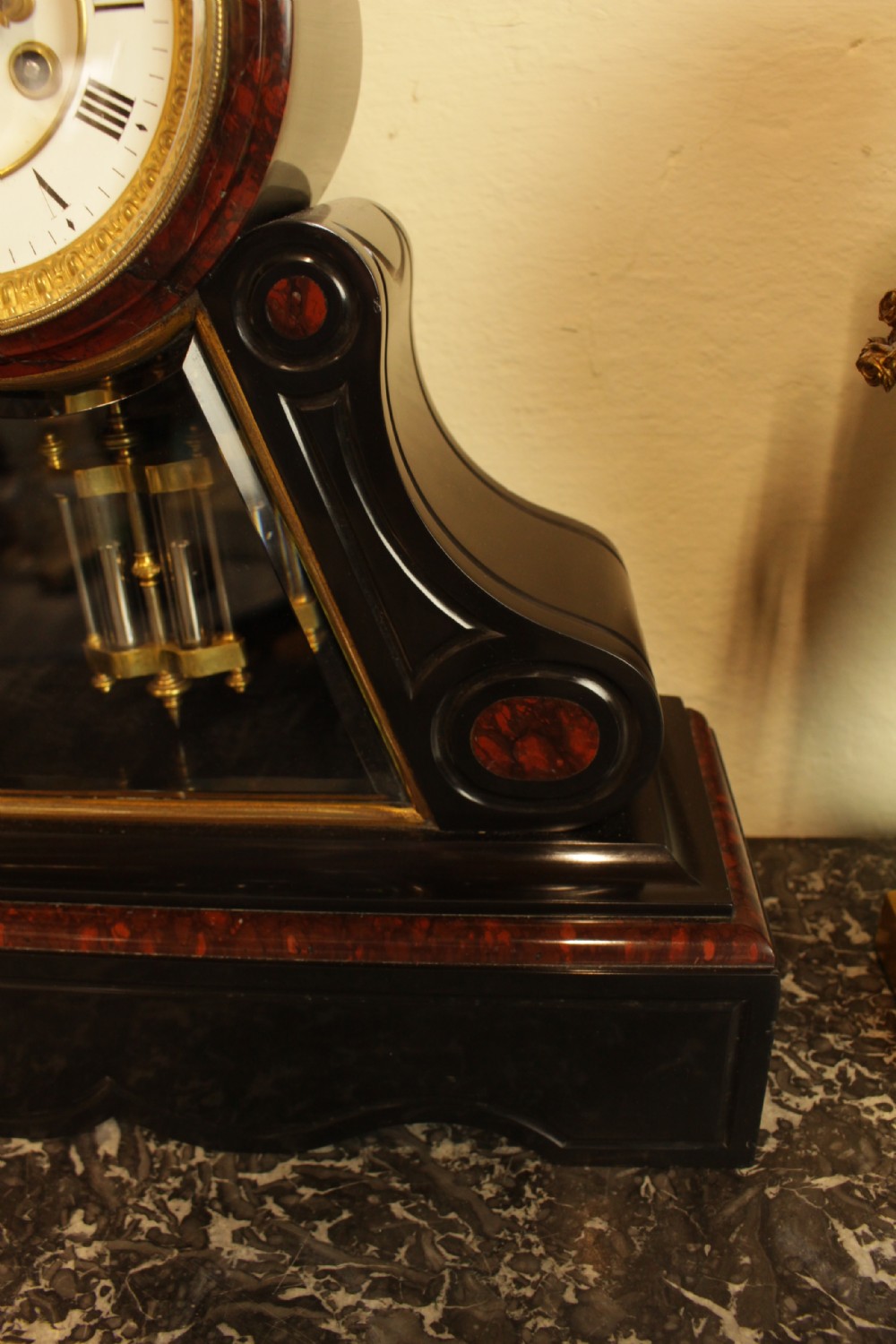  Antique French Clock; Marble & Polished Slate Mantle View VI