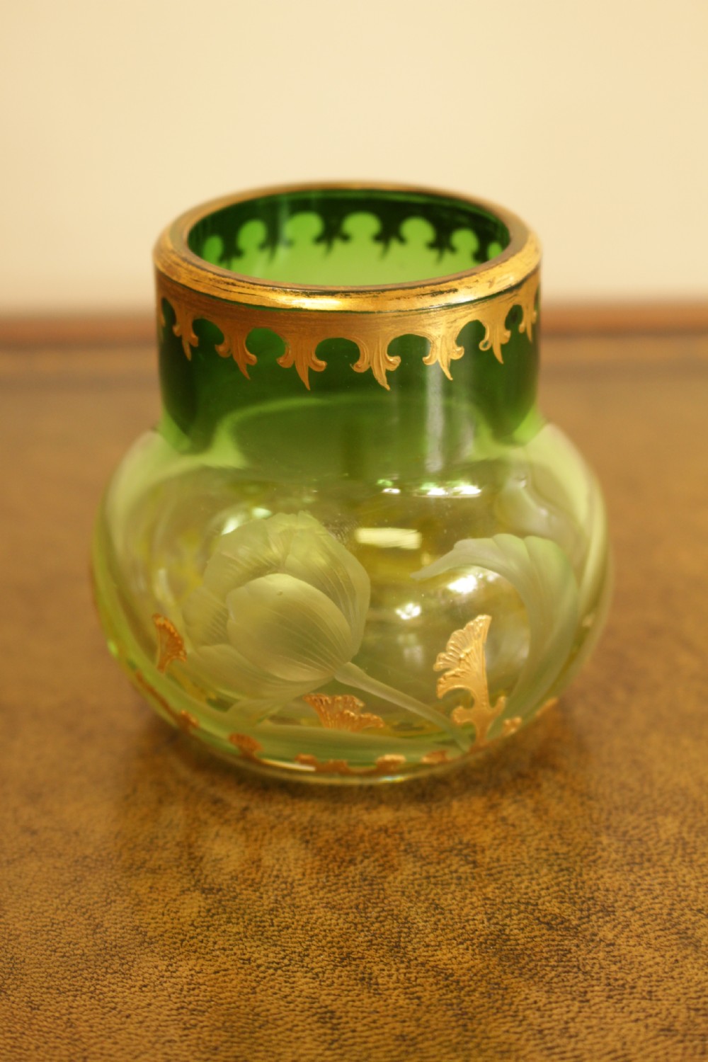 A Beautiful Gilt and Etched Green Glass Vase  