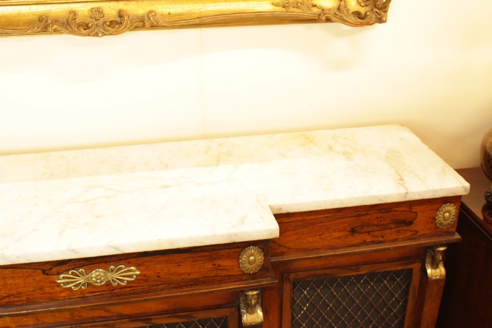 A Regency Rosewood Cararra Marble Top Breakfront Cabinet View II