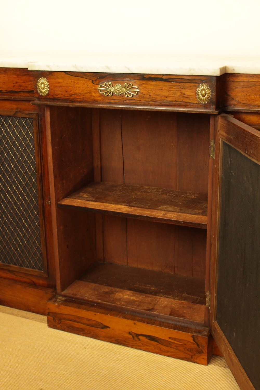 A Regency Rosewood Cararra Marble Top Breakfront Cabinet View VII