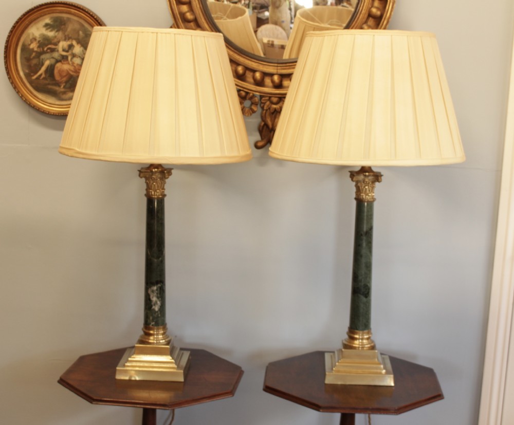 A Quality Pair Of Corinthian Marble & Brass Table Lamps  View IX