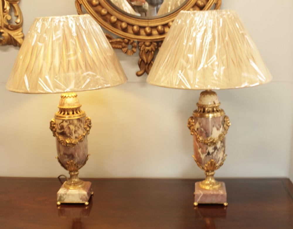 A Quality Pair of French Marble & Gilt Table Lamps 