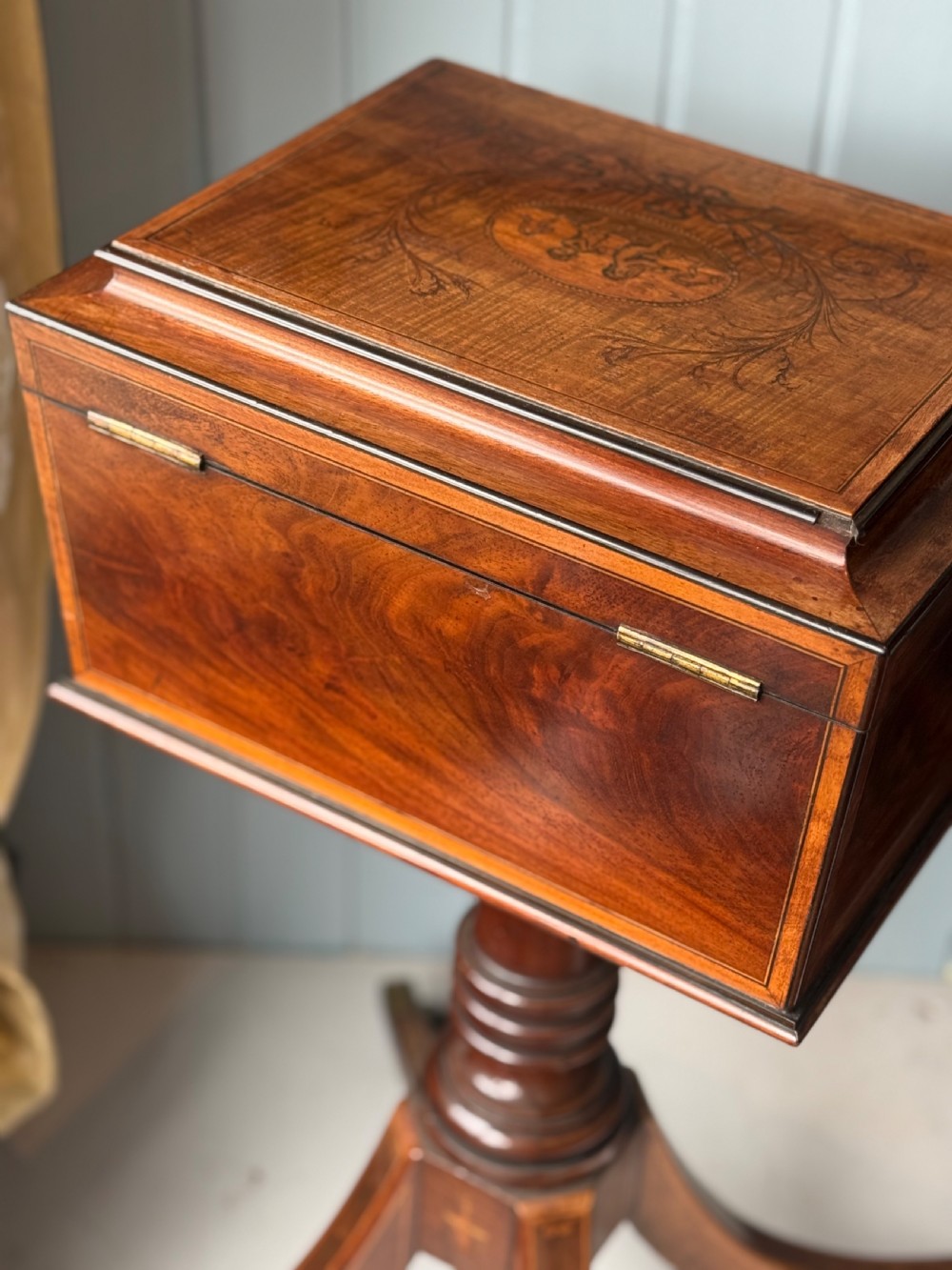 A Regency Mahogany Teapoy with Marquetry Decoration, Circa 1815 View VII