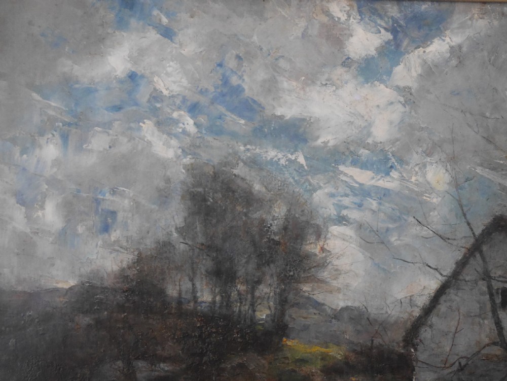 A framed oil painting depicting a rural cottage alongside a small stream beneath a cloudy blue sky, housed in a wide gilt frame. View VI