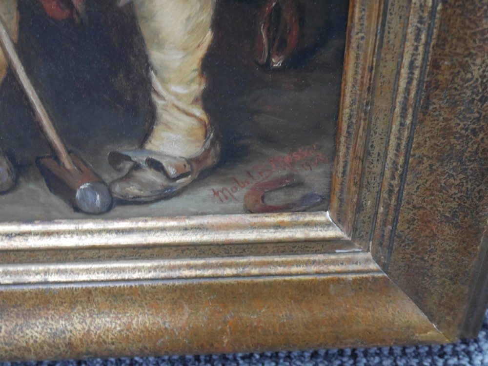 A framed oil painting depicting a blacksmith standing in profile inside a forge, holding a sledgehammer while wearing an apron, presented in a wide gilded frame. View IV