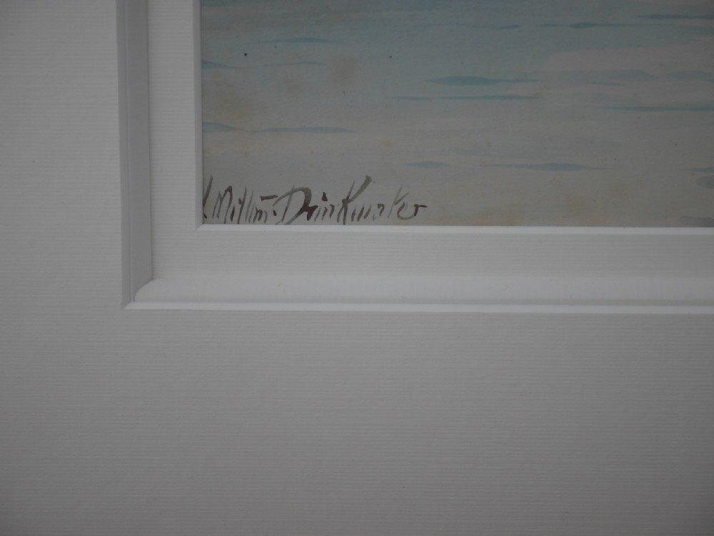 A framed gouache landscape painting depicting a mountain lake scene with cattle near the water edge, set in a light timber frame. View III