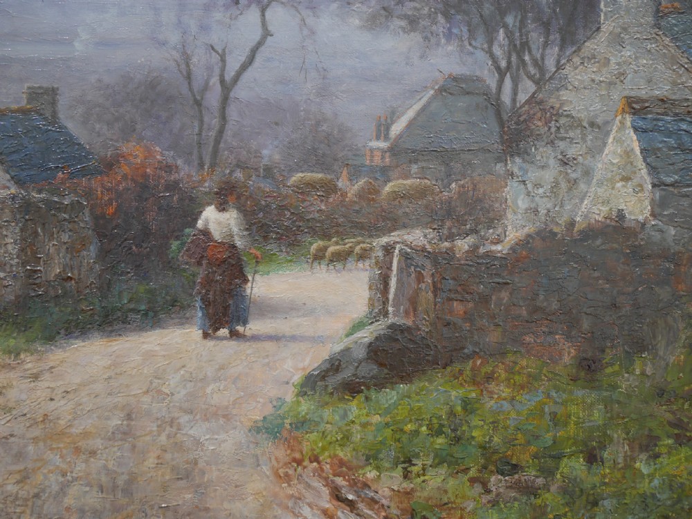 An antique oil painting on canvas depicting a rural stone cottage along a dirt path set in an ornate carved giltwood frame. View II