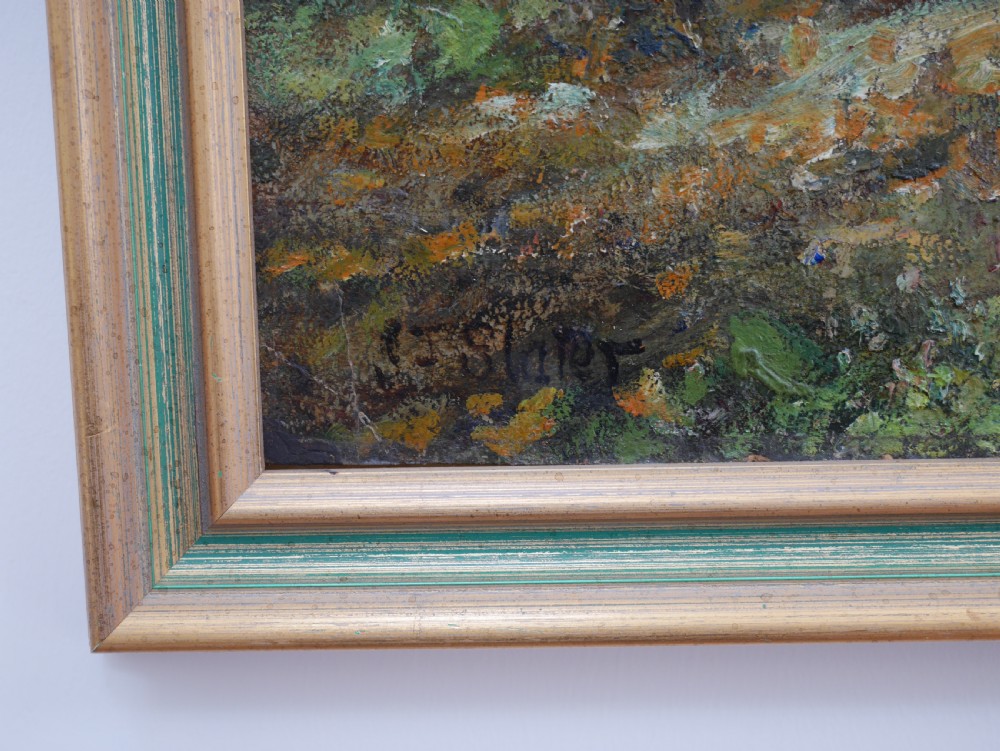 An impressionist oil painting on board depicting a rural farmyard scene with stone outbuildings, red tiled roofs, surrounding trees, and ducks near a pond in a slim gilt frame. View III