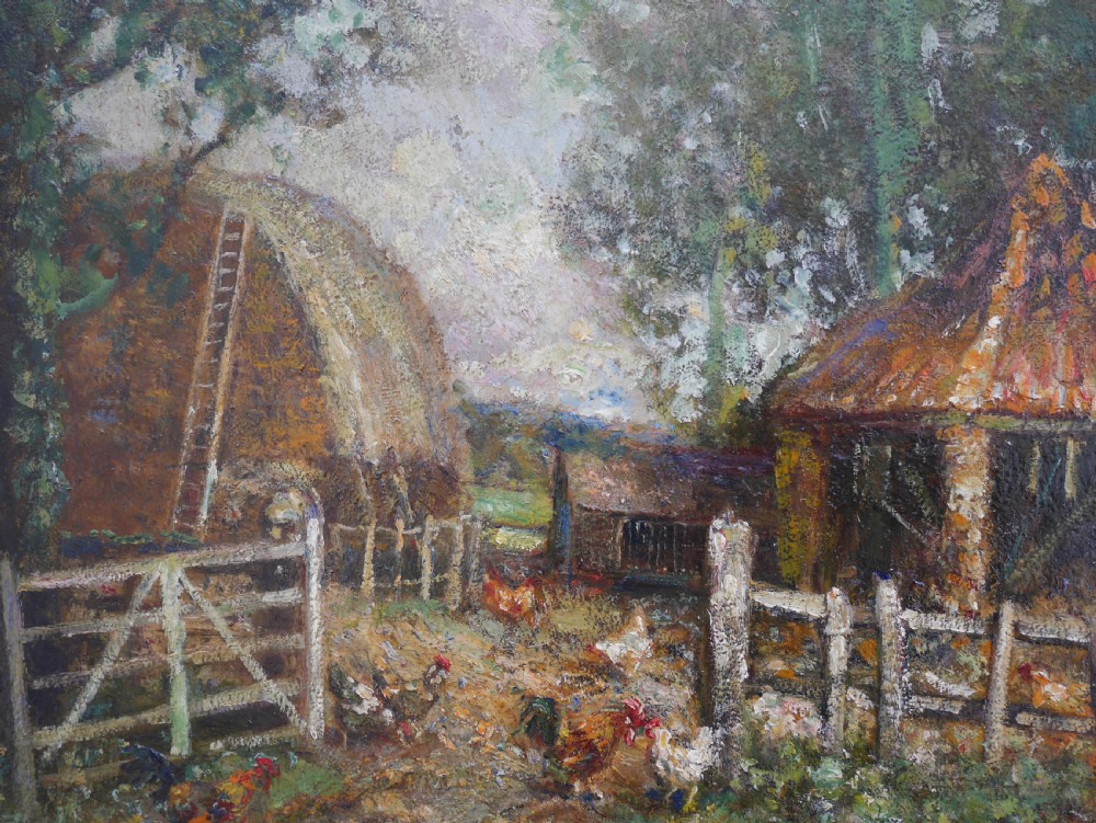 An impressionist oil painting on board depicting a rural farmyard scene with stone outbuildings, red tiled roofs, surrounding trees, and ducks near a pond in a slim gilt frame. View VI