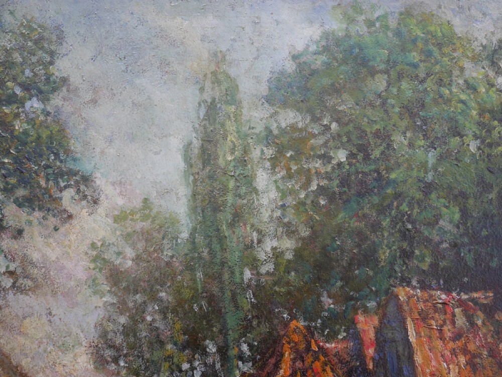 An impressionist oil painting on board depicting a rural farmyard scene with stone outbuildings, red tiled roofs, surrounding trees, and ducks near a pond in a slim gilt frame. View VII