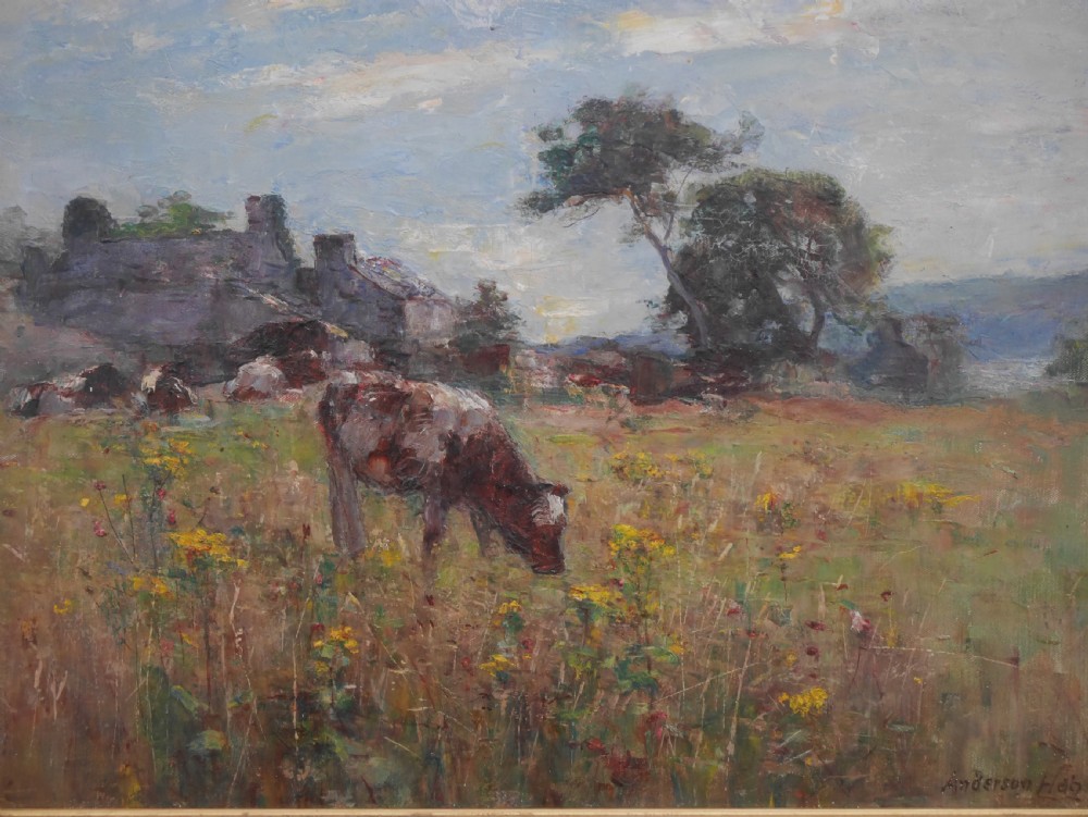 An oil painting depicting cattle grazing in a green pastoral field, set within an ornate gilded wooden frame. View II