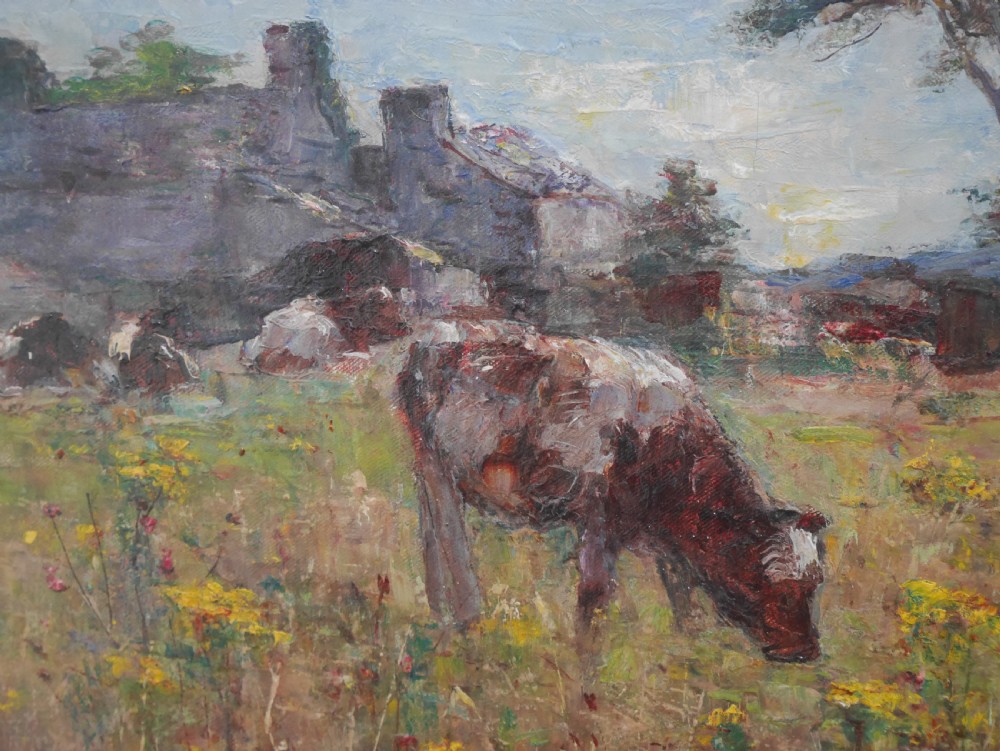An oil painting depicting cattle grazing in a green pastoral field, set within an ornate gilded wooden frame. View IV