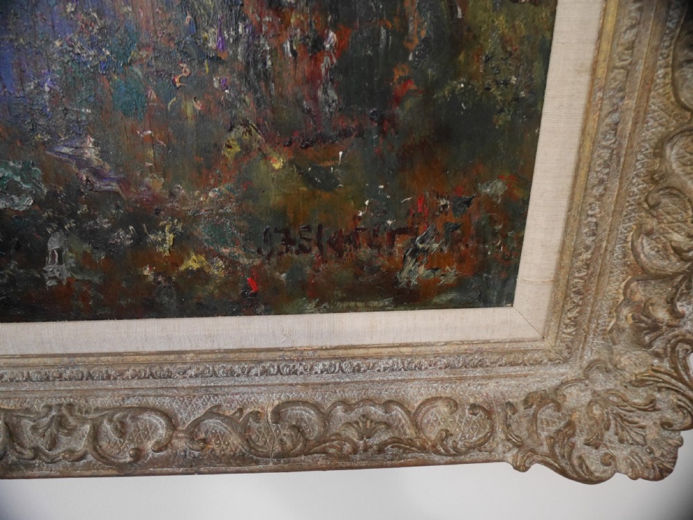 An antique impressionist oil painting on board depicting a wooded landscape with a stream and cottage in an embellished gilt frame. View IV