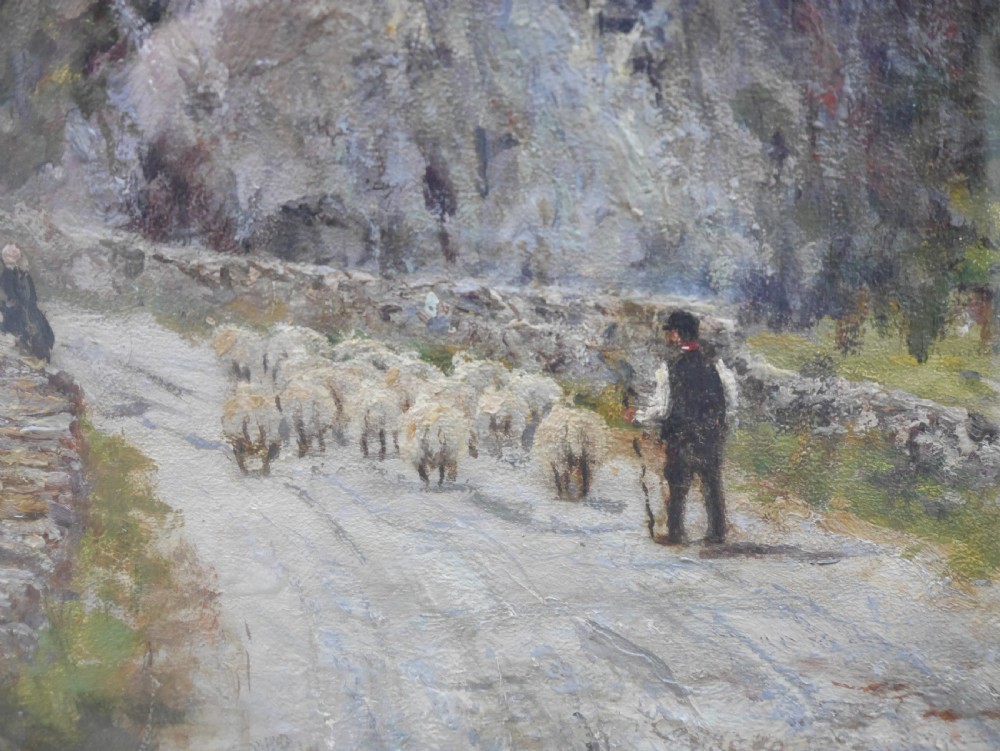 An oil painting on canvas depicting Aberamffra Harbour with moored boats and a shepherd on a stone road, set in a gilded frame. View II