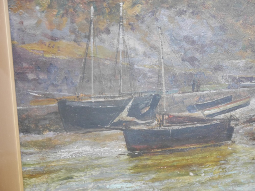 An oil painting on canvas depicting Aberamffra Harbour with moored boats and a shepherd on a stone road, set in a gilded frame. View III