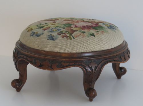 Foot Stool Early Victorian Carved Walnut with Wool-Work Top, English, Circa 1850