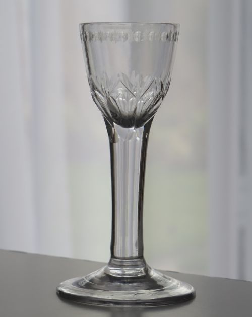 18thC Georgian Wine Drinking Glass OXO Engraved Bowl solid Stem, Circa 1760