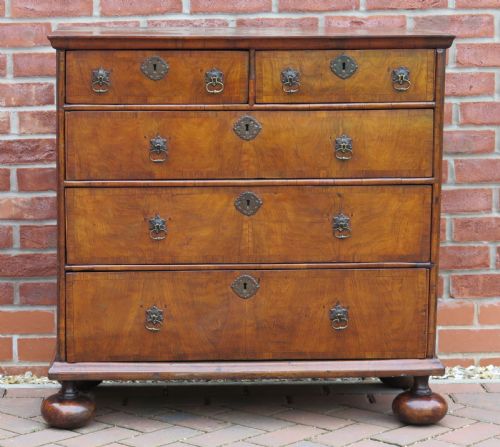 fig 1. An early 18th-century Queen Anne period walnut chest of drawers featuring two short drawers over three long drawers, standing on turned bun feet.