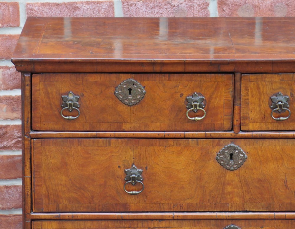 An early 18th-century Queen Anne period walnut chest of drawers featuring two short drawers over three long drawers, standing on turned bun feet. View V