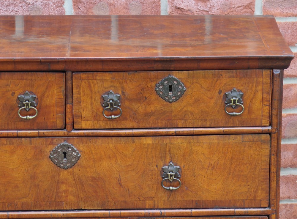 An early 18th-century Queen Anne period walnut chest of drawers featuring two short drawers over three long drawers, standing on turned bun feet. View VI