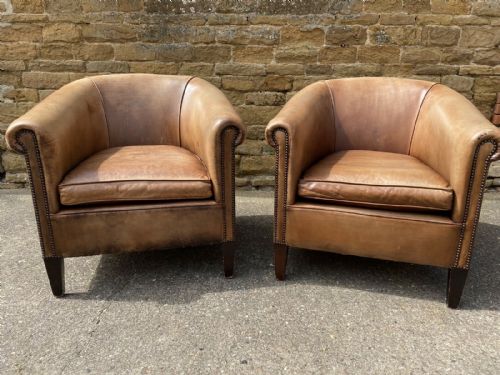 Vintage Pair Immaculate Handmade Leather Sheepskin Club Armchairs
