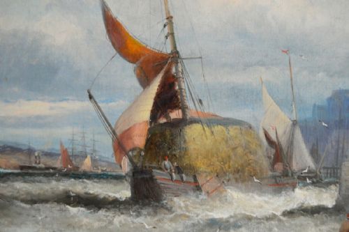 SEASCAPE OIL PAINTING OF A HAY BARGE ON THE MEDWAY BY HUBERT THORNLEY - ADDITIONAL PHOTO 2