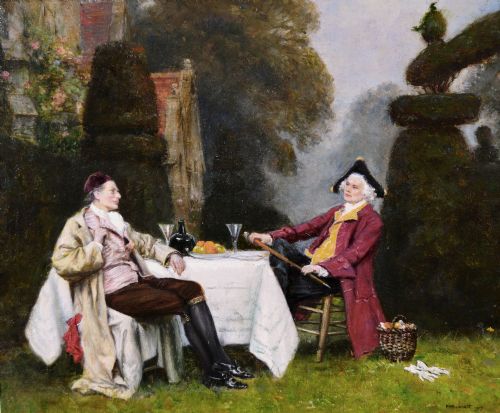 fig 1. A framed oil painting depicting two gentlemen in eighteenth-century attire seated at a table in a garden surrounded by topiary.