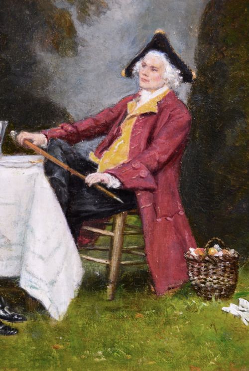 fig 2. A framed oil painting depicting two gentlemen in eighteenth-century attire seated at a table in a garden surrounded by topiary.