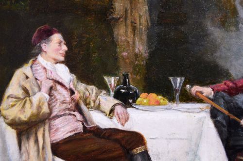 fig 3. A framed oil painting depicting two gentlemen in eighteenth-century attire seated at a table in a garden surrounded by topiary.