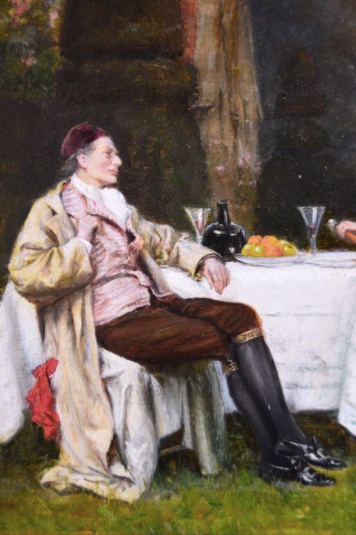 fig 4. A framed oil painting depicting two gentlemen in eighteenth-century attire seated at a table in a garden surrounded by topiary.