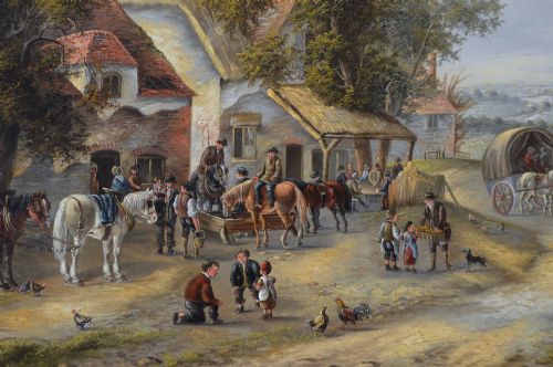 LANDSCAPE OIL PAINTING OF A VILLAGE WITH FIGURES HORSES OTHER ANIMALS BY GEORGINA LARA - ADDITIONAL PHOTO 2